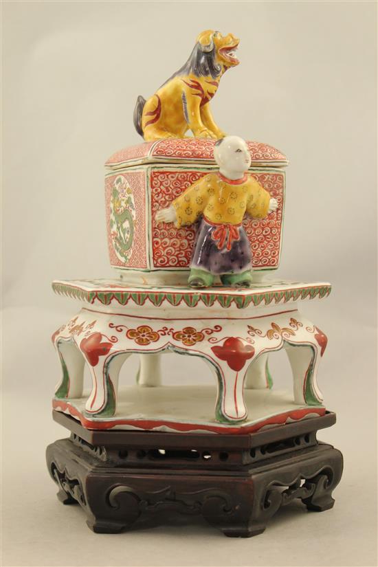 A Japanese Kutani koro and cover, 19th century, 22.5cm, wood stand, restorations
